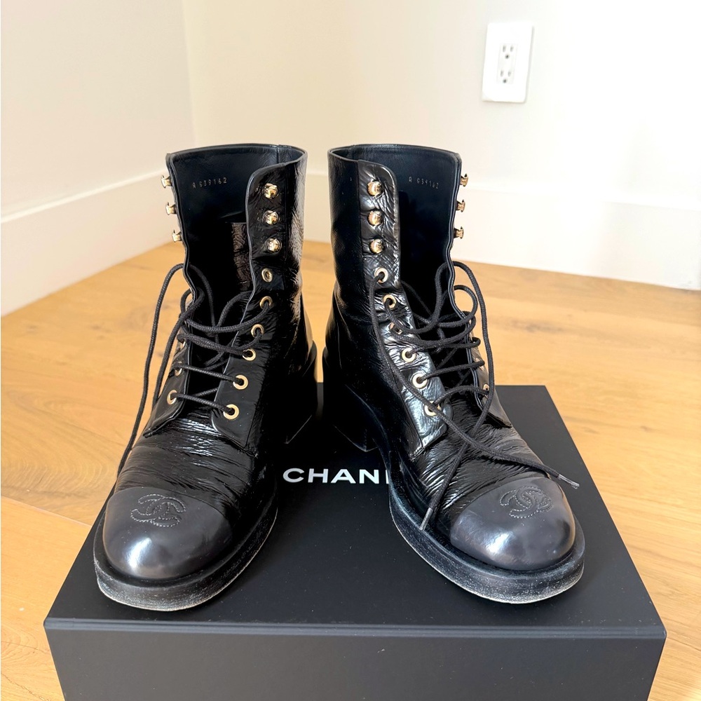 CHANEL Black Leather Combat Boots with Gold Hardware